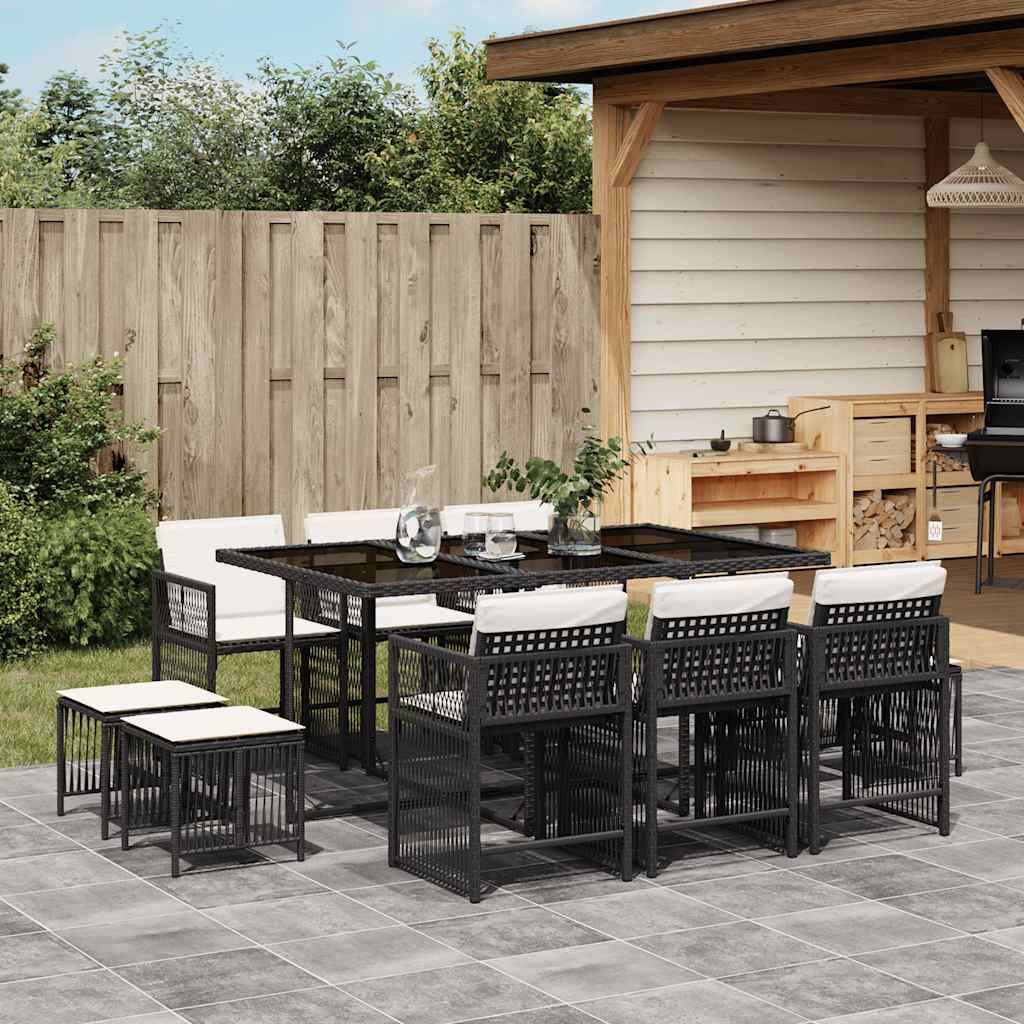 vidaXL 11-tlg. Garten-Essgruppe mit Kissen Schwarz Poly Rattan