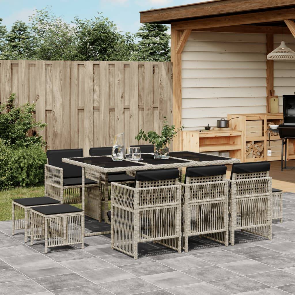 vidaXL 11-tlg. Garten-Essgruppe mit Kissen Hellgrau Poly Rattan