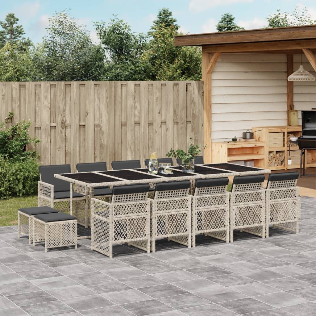 vidaXL 15-tlg. Garten-Essgruppe mit Kissen Hellgrau Poly Rattan
