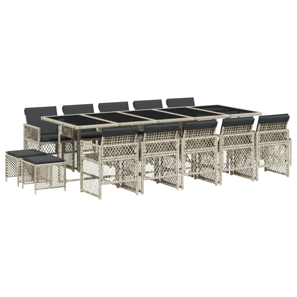 vidaXL 15-tlg. Garten-Essgruppe mit Kissen Hellgrau Poly Rattan