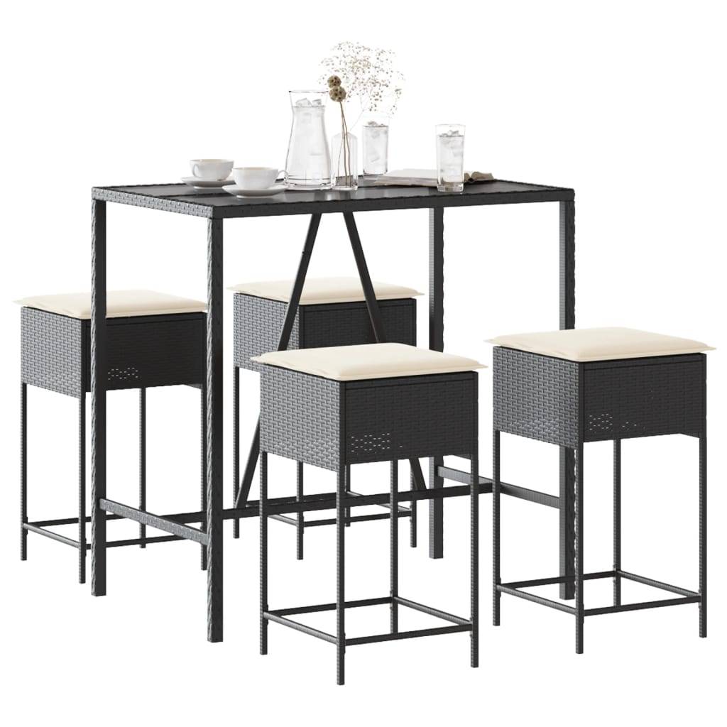 vidaXL 5-tlg. Gartenbar-Set mit Kissen Schwarz Poly Rattan