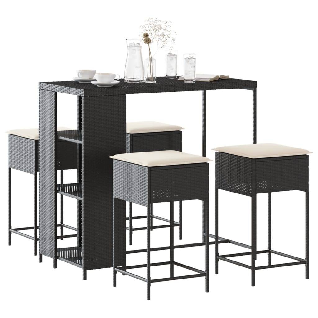vidaXL 5-tlg. Gartenbar-Set mit Kissen Schwarz Poly Rattan