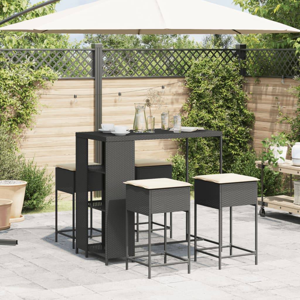 vidaXL 5-tlg. Gartenbar-Set mit Kissen Schwarz Poly Rattan