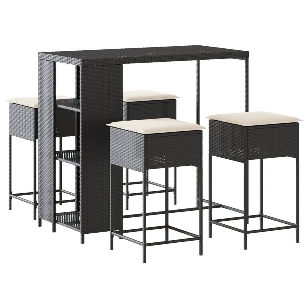 vidaXL 5-tlg. Gartenbar-Set mit Kissen Schwarz Poly Rattan