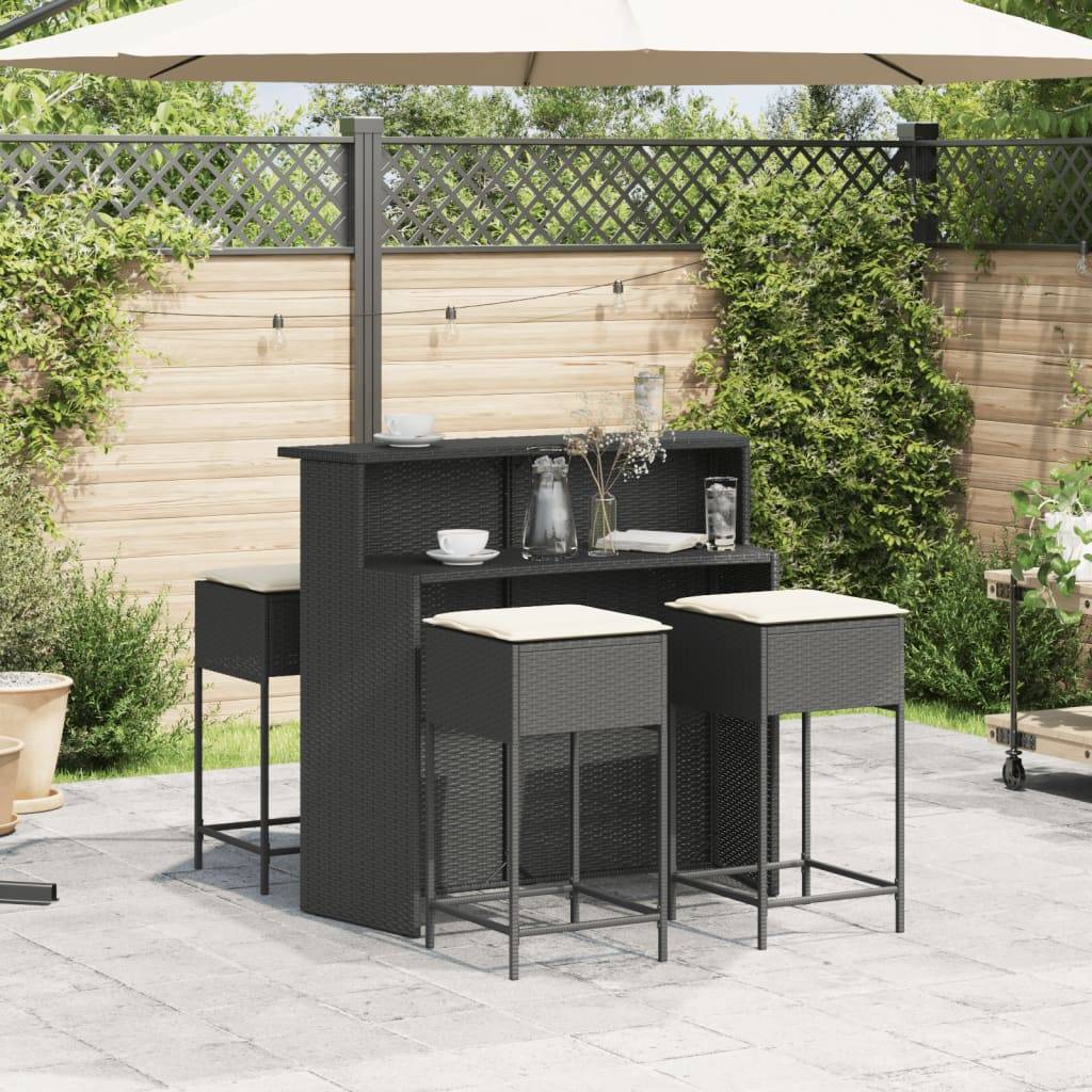 vidaXL 5-tlg. Gartenbar-Set mit Kissen Schwarz Poly Rattan