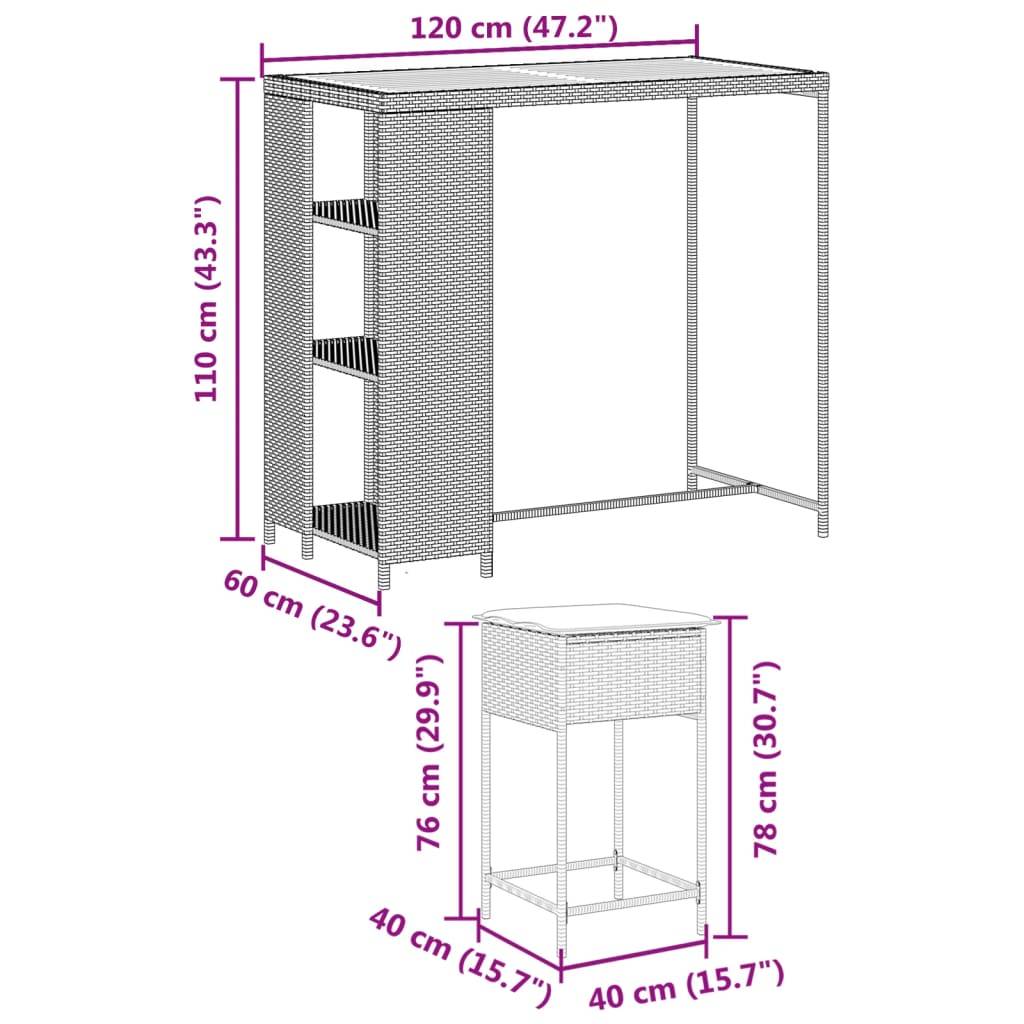 vidaXL 3-tlg. Gartenbar-Set mit Kissen Grau Poly Rattan