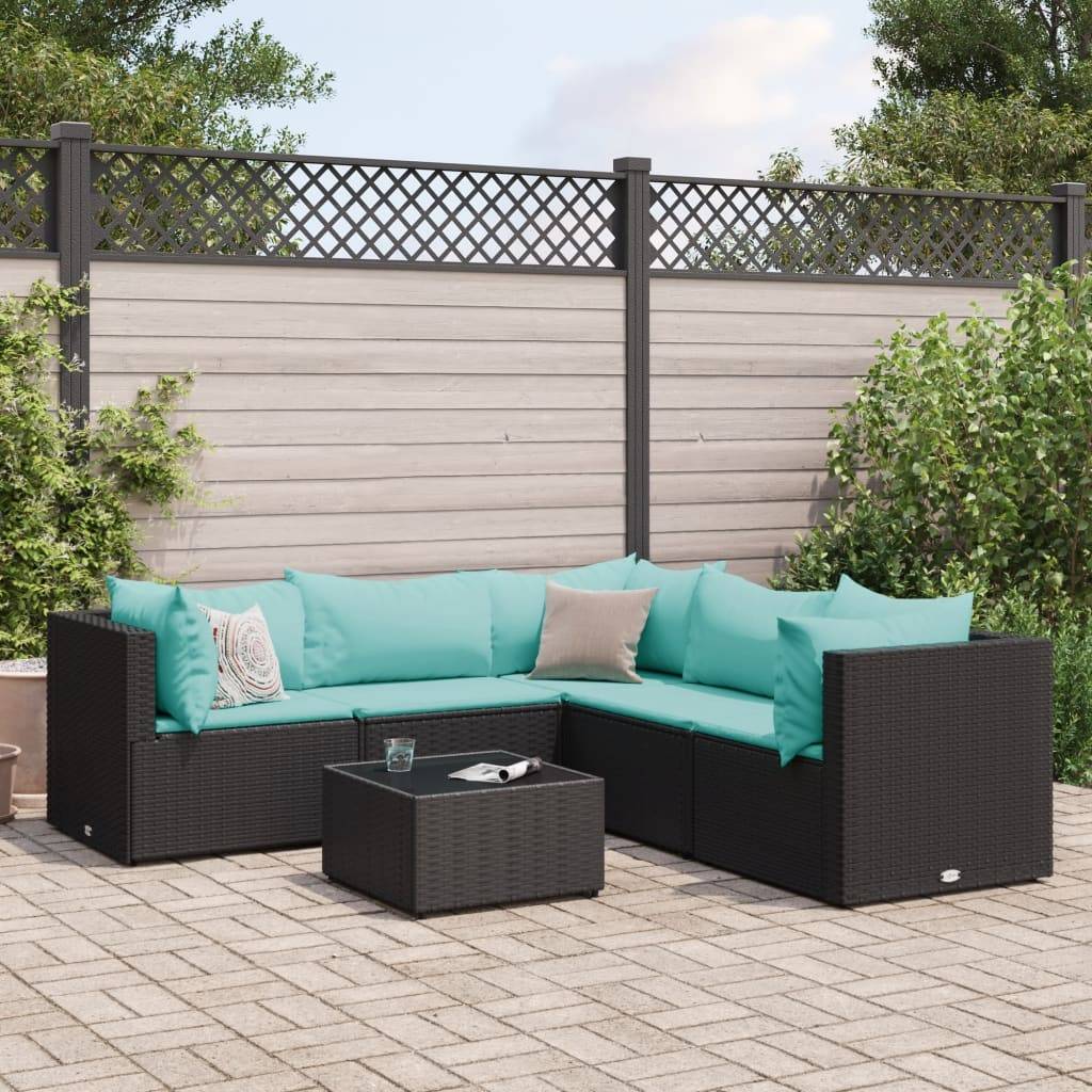 vidaXL 6-tlg. Garten-Lounge-Set mit Kissen Schwarz Poly Rattan
