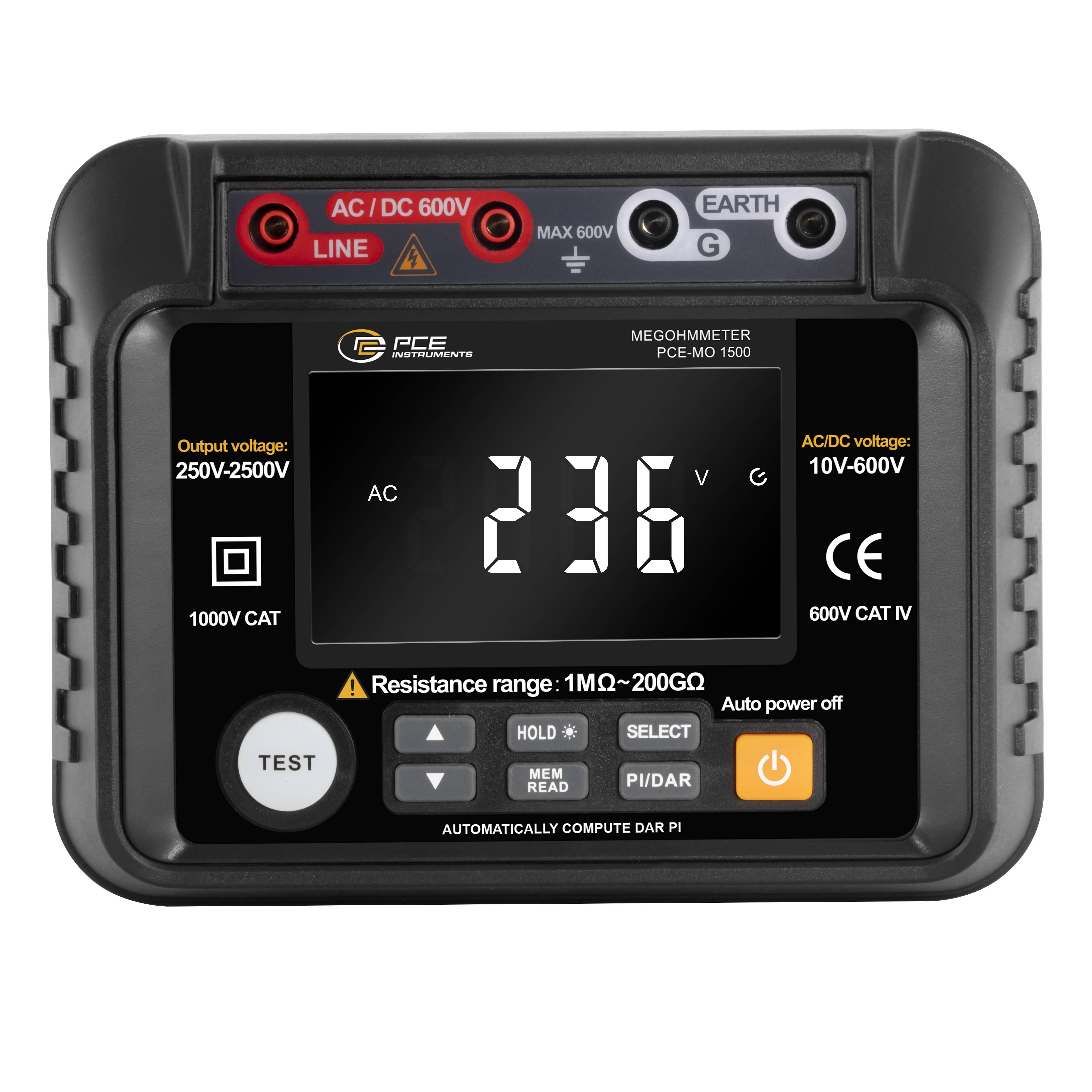 PCE Instruments Ohmmeter PCE-MO 1500 |1 MΩ...200GΩ |PI|DAR|HOLD |Gleichspannung |Wechselspannung |Speicher |EN 61010-1