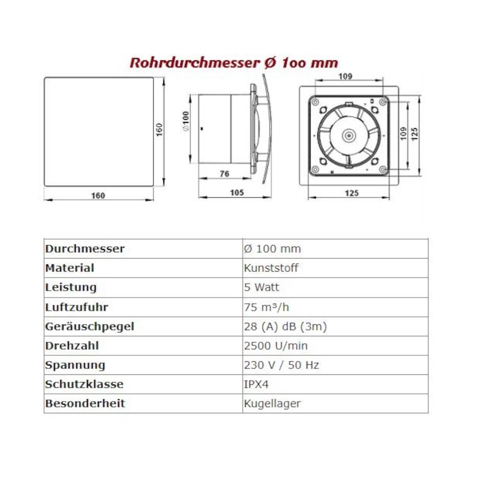 Badlüfter Wohnraumlüfter Lüfter Ventilator Abluftventilator Ø 100 mm Feuchtesensor / Hygrostat weiß