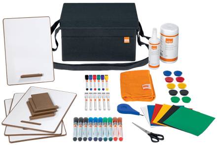 Kunstbedarfsset mit Tragetasche, leere Bretter, Marker, Farbtuben und Flaschen, Pinsel, Schere, Spachtel, Farbpapier, Tuch und Farbdosen.