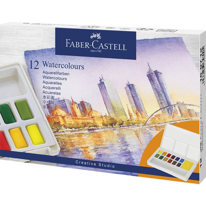 Faber-Castell Aquarellfarben-Set mit 12 Farben in einer Box mit Stadtlandschafts-Design, die hohe Gebäude in der Nähe eines Flusses zeigt. Enthält eine kleine Farbpalette.