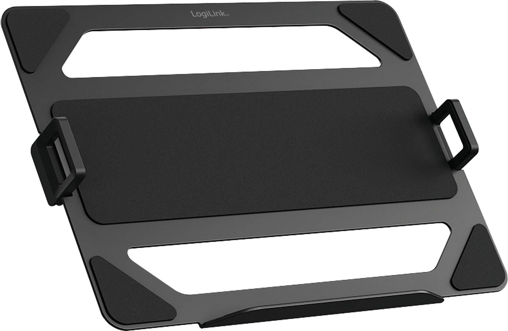 Ein schwarzer, geneigter Laptop-Ständer mit offenen Seiten und einem oberen Griff, Marke 'LogiLink'. Konstruiert für verbesserte Luftzirkulation und ergonomische Nutzung.