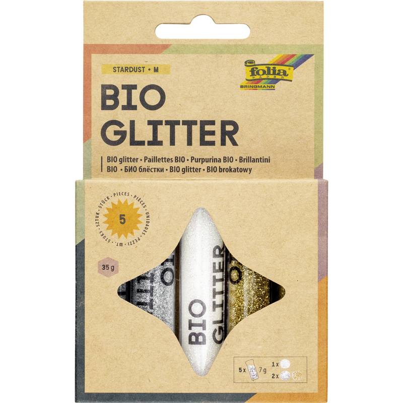 Paket mit folia BIO GLITTER mit fünf 35-g-Glittertuben sichtbar in einer Karton-Displaybox.