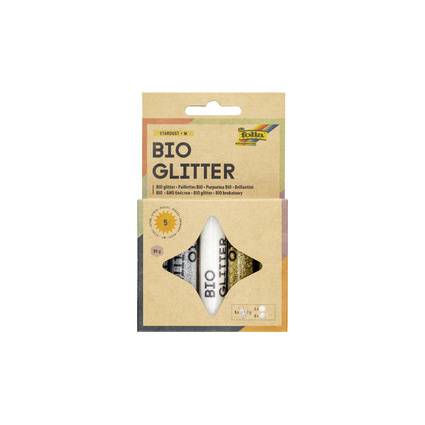 Paket mit Bio-Glitter mit einem sternenförmigen Fenster, das Glitter-Röhrchen zeigt; das Etikett sagt „BIO GLITTER