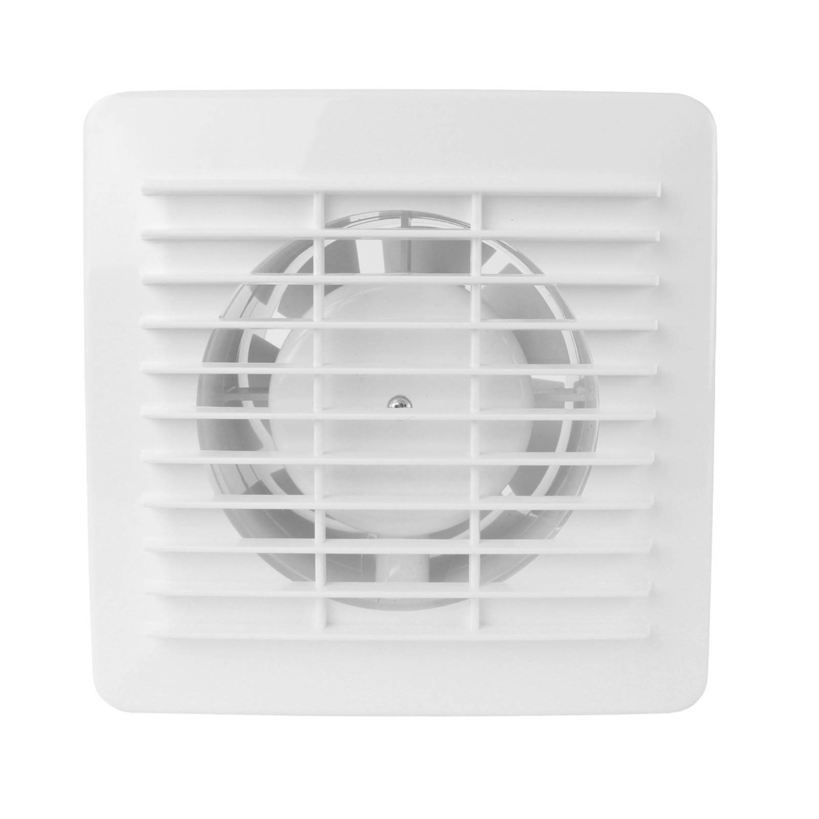 Weiße quadratische Abluftventilator-Gitter mit horizontalen Lamellen und einem sichtbaren kreisförmigen Ventilator dahinter.