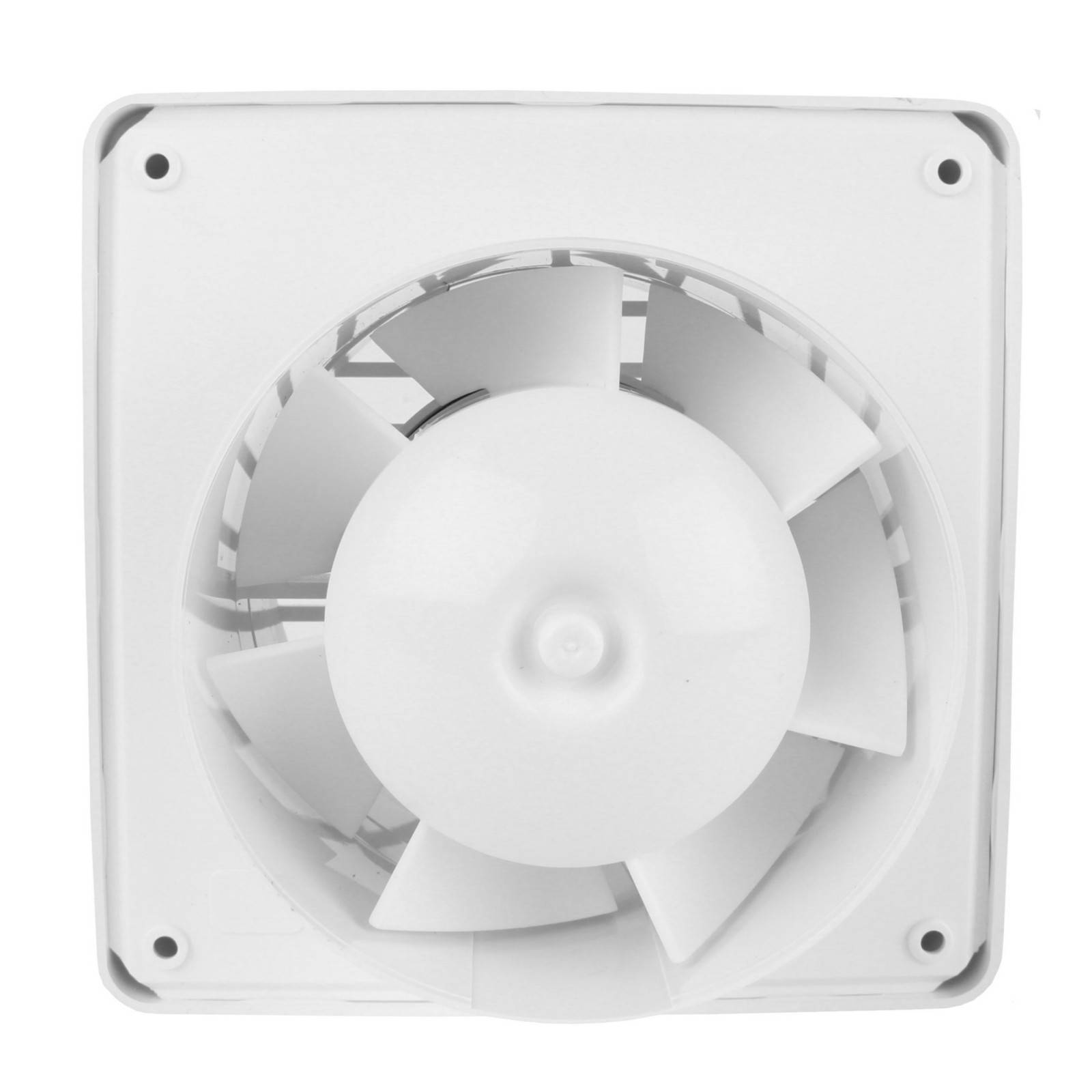Weißer quadratischer Lüftungsventilator mit kreisförmigen Blättern von vorne betrachtet.