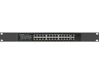 Vorderansicht eines 1U-Rack-montierten Netzwerk-Switches mit mehreren Ethernet-Anschlüssen und Status-LEDs auf einer dunklen Metallfrontplatte.