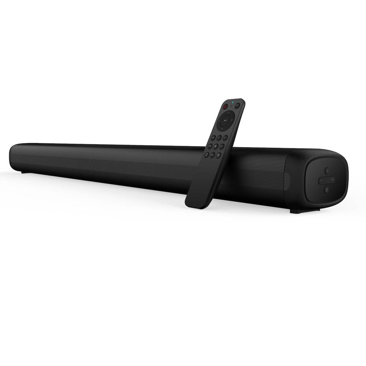 Ein weißer Projektor, leicht geneigt, mit einer leuchtenden Linse auf der rechten Seite, vor einem einfachen weißen Hintergrund.