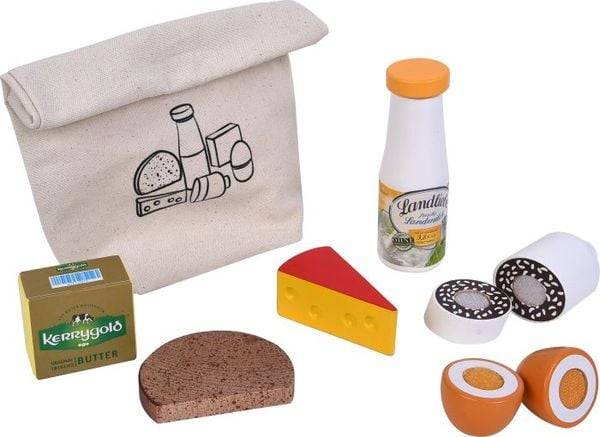 tanner DER KLEINE KAUFMANN TANNER Deco - Picknick Set im Baumwollsäckchen, zum schneiden, Zubehör für Kaufmannsladen, lebensmittelechtes Design, 09