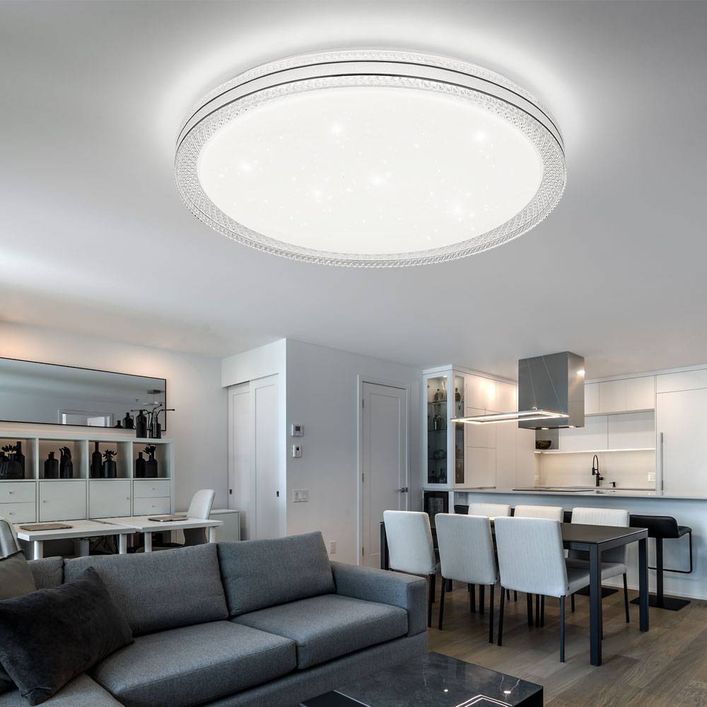 Deckenleuchte Sterneneffekt Kristallleuchte LED Deckenlampe Wohnzimmerleuchte, Metall klar opal weiß, 24W 1560Lm warmweiß, DxH 49,5x7,5 cm