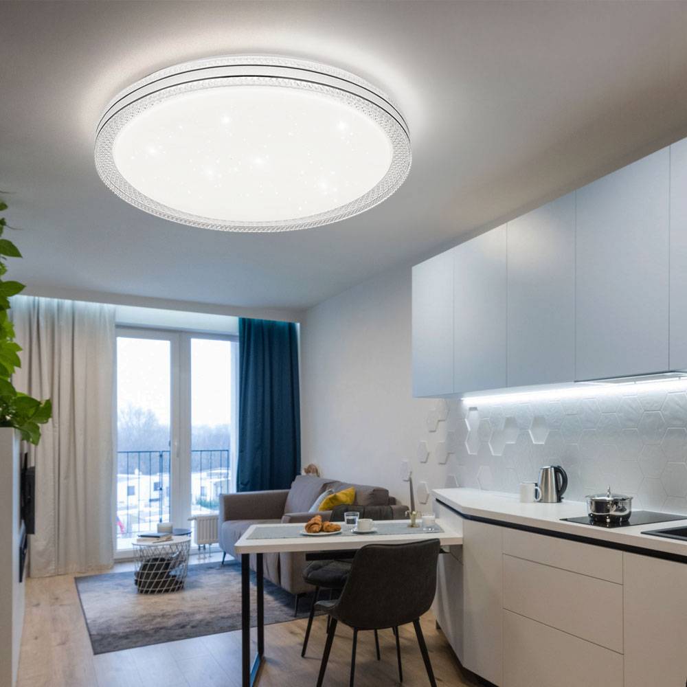 Deckenleuchte Sterneneffekt Kristallleuchte LED Deckenlampe Wohnzimmerleuchte, Metall klar opal weiß, 24W 1560Lm warmweiß, DxH 49,5x7,5 cm