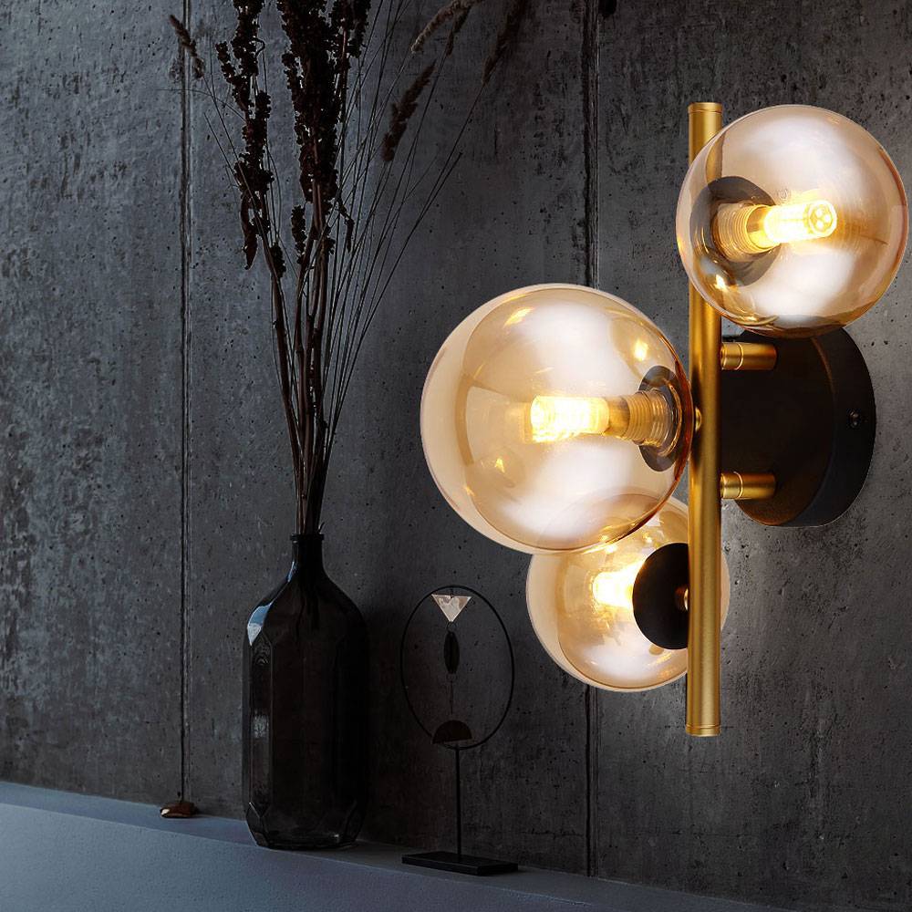 Wandlampe Design schwarz messing Kugellampe Glas LED Wandleuchte Innen, Glaskugel amber, 3 flammig G9, 3x 3,5W 350 lm, 3000K, LxBxH 28x21x19 cm