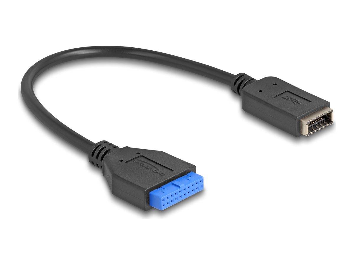 Ein schwarzes Computerkabel mit einem blauen USB-Anschluss an einem Ende, das zum Anschließen von Peripheriegeräten wie Festplatten an einen Computer konzipiert ist.