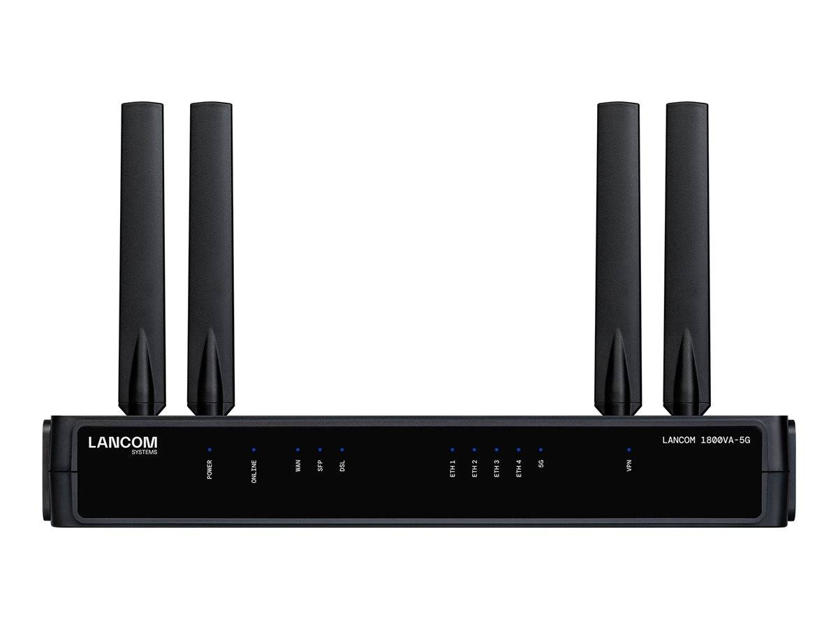 Frontansicht eines schwarzen LANCOM-Routers mit vier aufrecht stehenden Antennen und Statusanzeigeleuchten auf der Frontplatte.