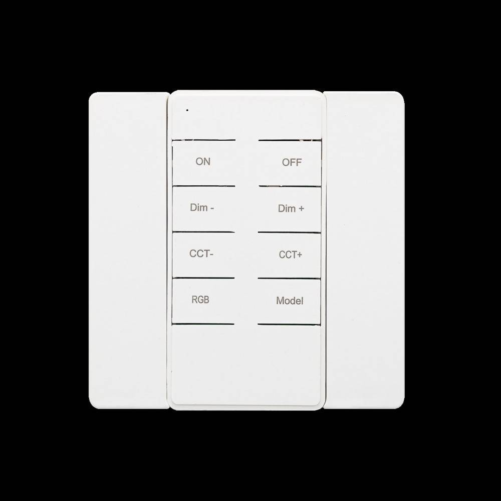 Weißes Beleuchtungssteuerungspanel mit Tasten beschriftet mit AN, AUS, Dimmen-, Dimmen+, Farbtemperatur-, Farbtemperatur+, RGB und Modus.