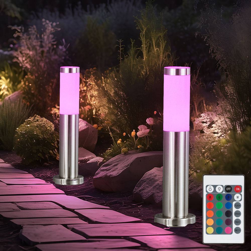 4x Außen Stehlampen Garten Wegelampe Edelstahl Sockelleuchte Farbwechsler Gartenlampe Stehleuchte, E27 RGB LED, 45x7,6cm