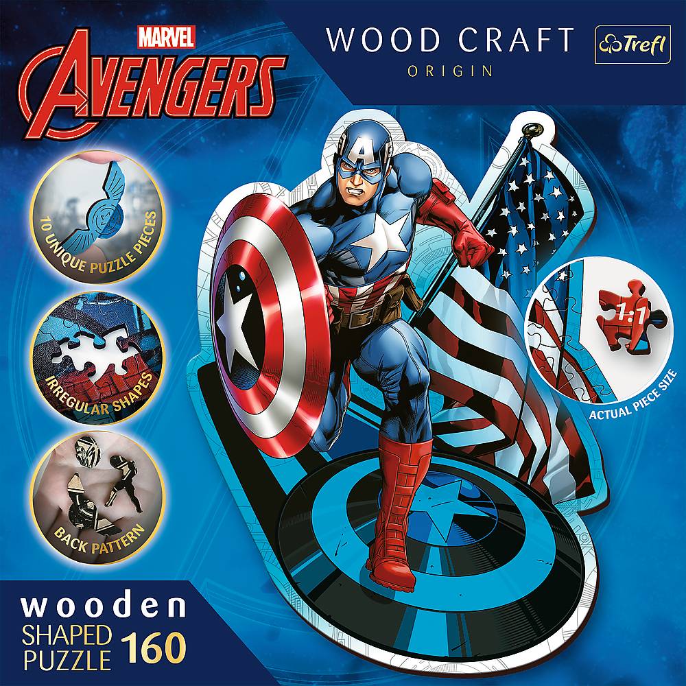 Marvel Avengers Holz-Handwerk Herkunfts-Puzzlebox mit Captain America, 160 Holzpuzzleteile in einzigartigen Formen und tatsächlicher Stückgröße.