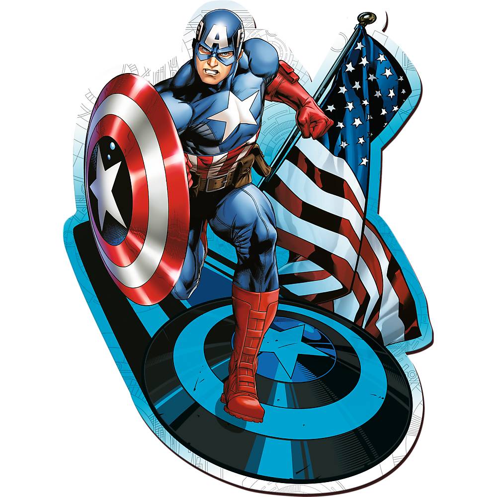 Captain America Comic-Stil Illustration, der sein Schild hält, auf einer Sternemblem-Basis stehend mit einer wehenden U.S.-Flagge hinter ihm.