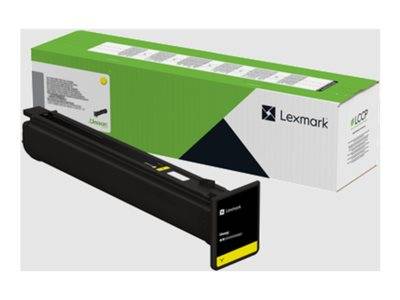 Eine Lexmark-Druckerpatrone mit ihrer grün-weißen Verpackung im Hintergrund. Die Patrone ist mit einem 'Y' für gelbe Tinte gekennzeichnet.