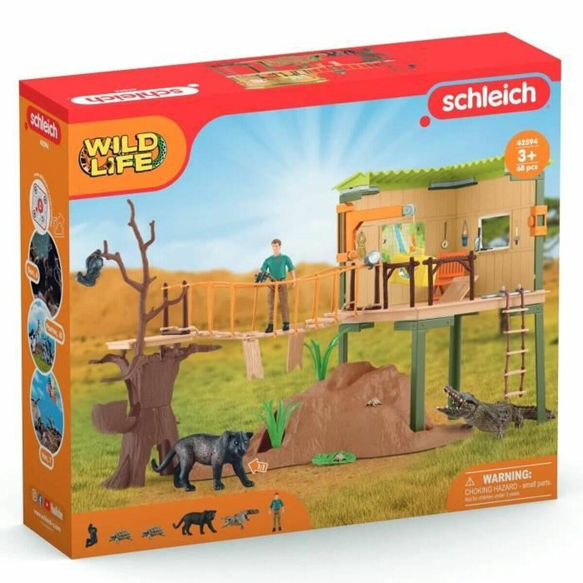 Schleich Wild Life Spielset-Schachtel zeigt eine Baumhaus-Brückenszene mit Figuren einer Person, eines schwarzen Panthers, eines Krokodils und von Dschungeltieren, ab 3 Jahren