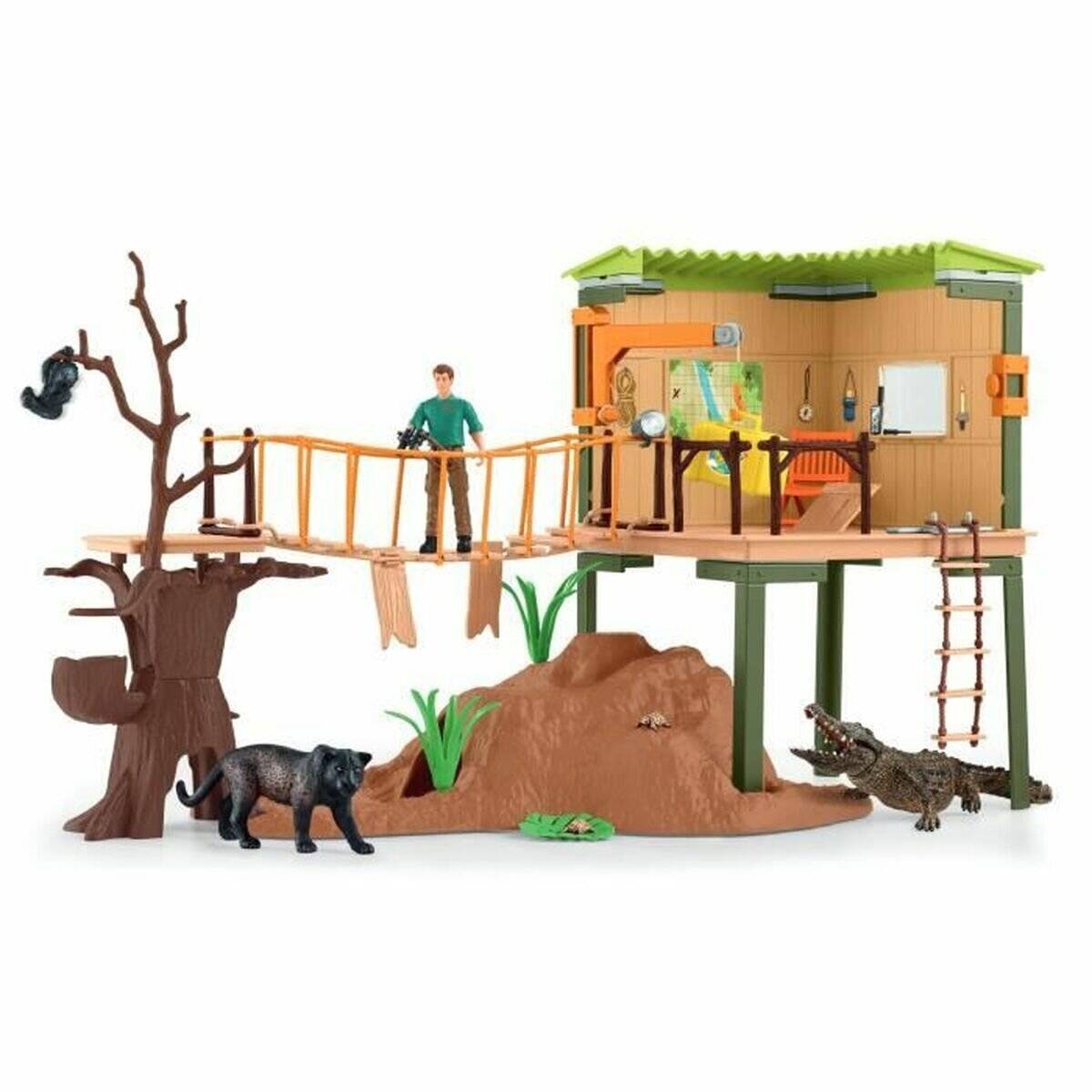 Spielzeug-Dschungel-Baumhaus-Spielset mit einer Brücke, Leitern, einer Explorererfigur und Tierfiguren einschließlich eines Pumas und eines Krokodils.