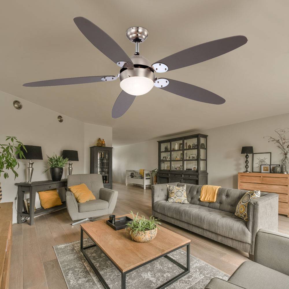 Deckenventilator mit Beleuchtung Sommer Winter Deckenventilator mit Zugschalter, Flügel wendbar braun graphit 3 Geschindigkeitsstufen, 1x E14, DxH