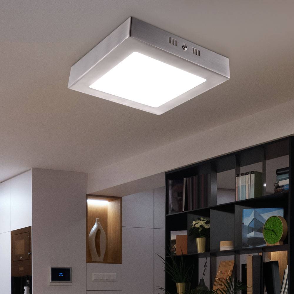 Deckenleuchte quadratisch LED Flurlampe silber Deckenlampe Wohnzimmer, Glas satiniert, 6W 400lm warmweiß, LxBxH 12x12x4 cm, 2er Set