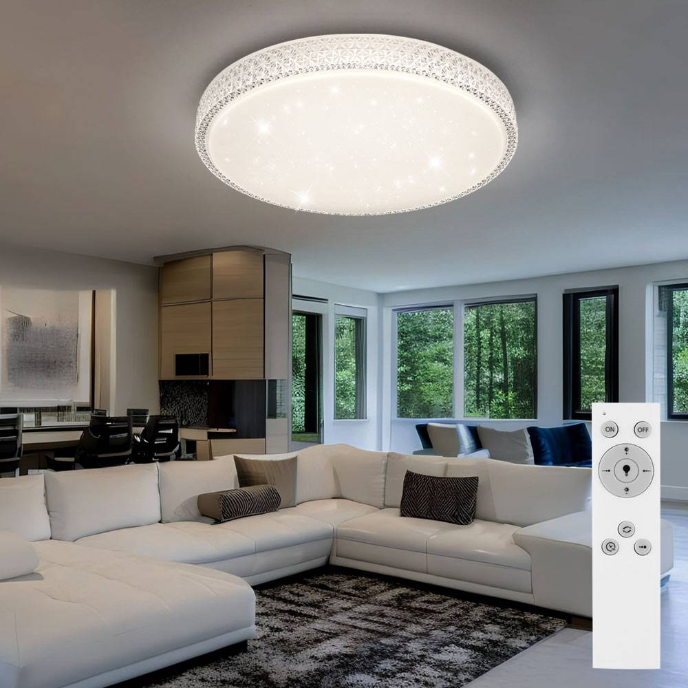 Deckenleuchte mit Fernbedienung Deckenlampe dimmbar Kristalle Kristallleuchte Sterneneffekt, CCT, Metall weiß, LED 40W 3200Lm warmweiß-kaltweiß,