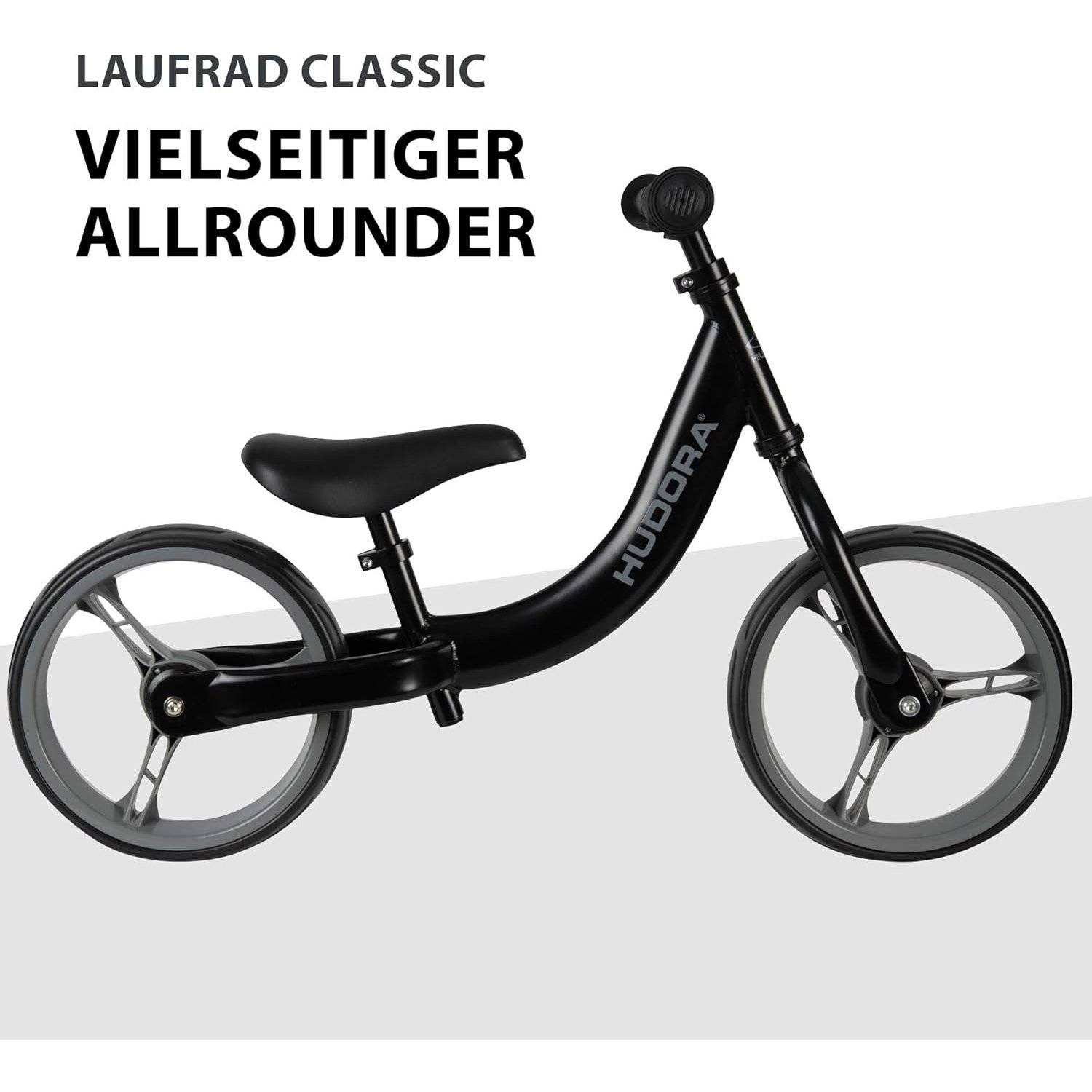 HUDORA Laufrad Classic | Kinder-Laufrad mit extra breiten 12 Zoll Rädern | Lauflernrad ab 3 Jahre |Schwarz