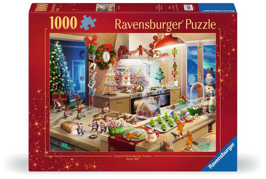 Schachteln eines 1000er Ravensburger-Puzzles mit einer festlichen Küchenszene mit Weihnachtsdekoration, einem leuchtenden Baum und Weihnachtsfiguren.