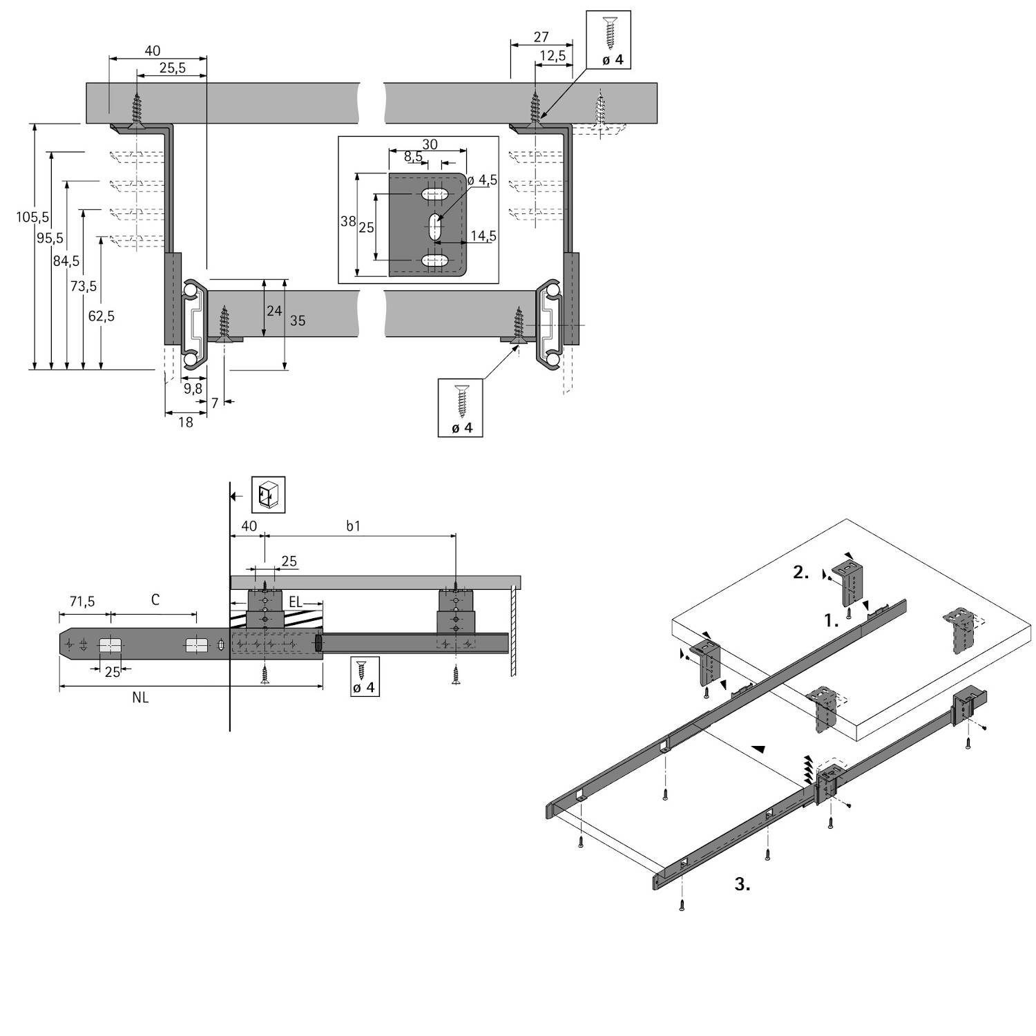 Ein Montagediagramm mit Schreibtisch-Montageklammern und Abmessungen. Enthält Seiten- und Draufsichten mit Messwerten für eine präzise Installation.