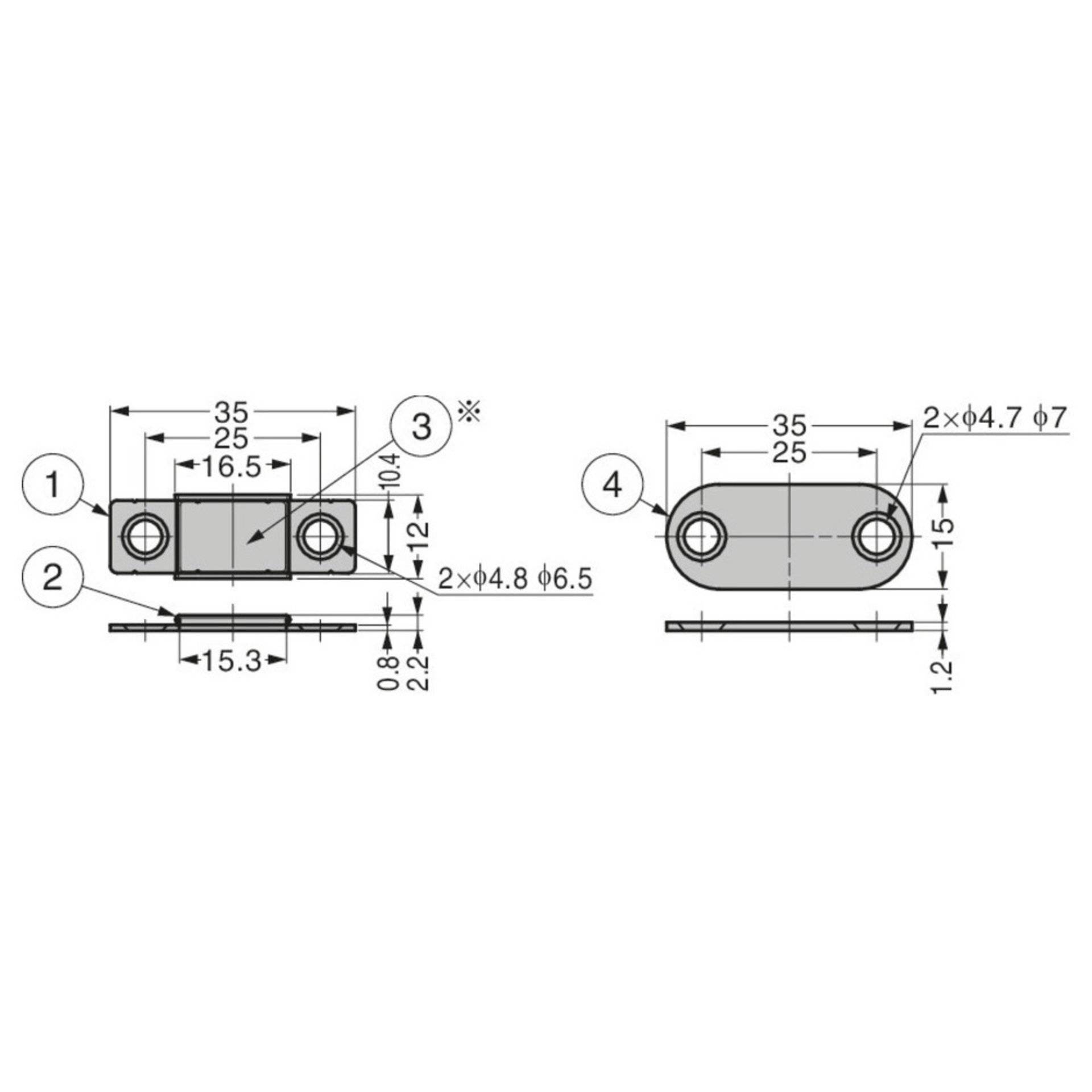 Abmessungen und Positionen der Löcher auf der Halterung: 35x25mm, 16,5mm und 15,3mm Abstände, 2x4,8mm und 2x4,7mm Durchmesser der Löcher.