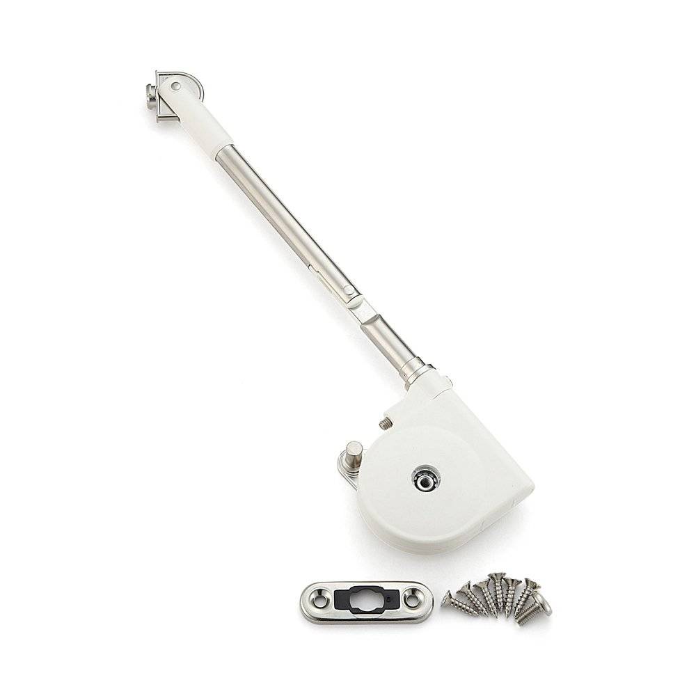 Türschließmechanismus mit weißem Gehäuse, verstellbarem Metallarm, Montageklammer und einem Schraubensatz, verwendet für einen sanften Türbetrieb.