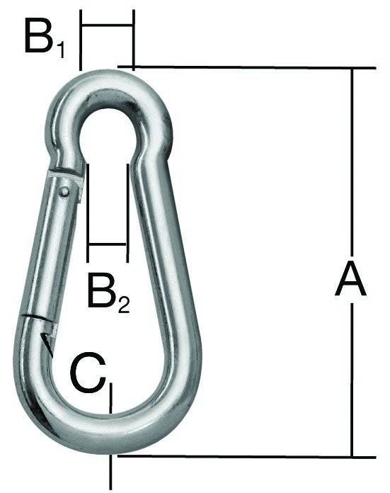 Federhaken-Karabiner-Diagramm mit Messungen: A, B2 und C durch Linien gekennzeichnet, die Größenspezifikationen beschreiben.