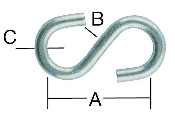 Ein S-förmiger Metallhaken mit zwei geraden Enden. Label 'A' zeigt die Gesamtlänge an, während Label 'B' die Breite anzeigt.
