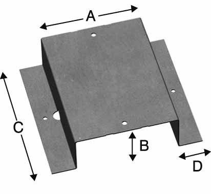 Diagramm, das eine Metallhalterung mit beschrifteten Abmessungen zeigt: A (Breite), B (Tiefe), C (Höhe), D (Länge). Zwei seitliche Flansche vorhanden.