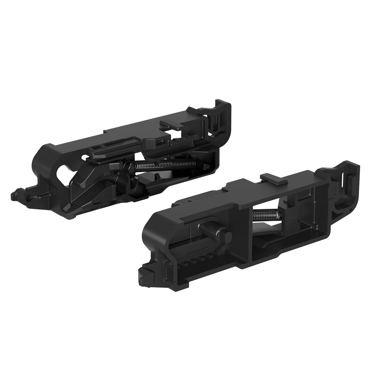 Zwei schwarze Metallwaffenkomponenten mit aufwändigem Design, mit Federn und Hebeln, nebeneinander gegen einen einfachen Hintergrund liegend.