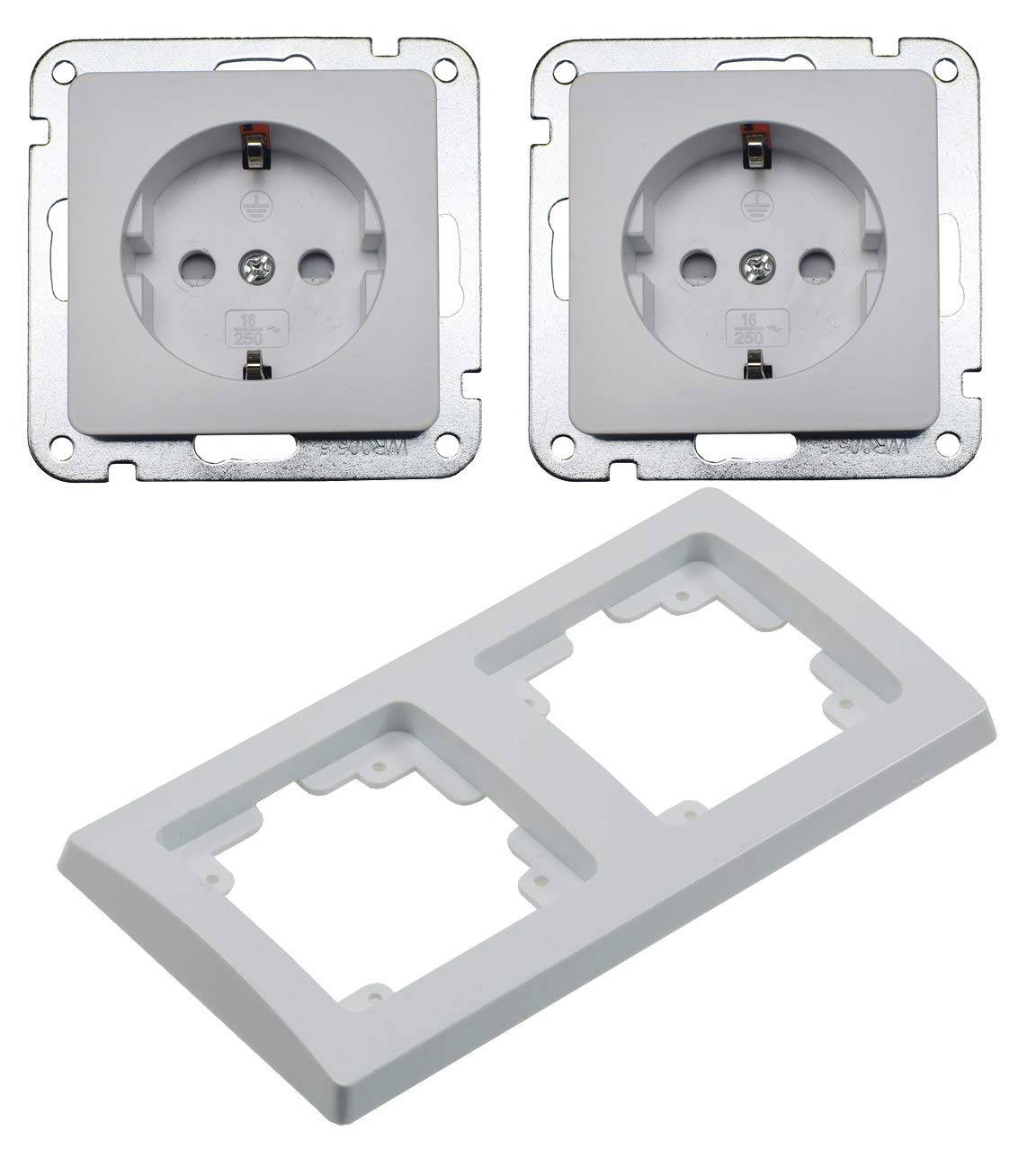 Delphi 2-fach Steckdose Unterputz 2x Schutzkontakt-Steckdosen mit Rahmen UP Einbau - Doppelsteckdose Anschluss Steckklemme Weiß