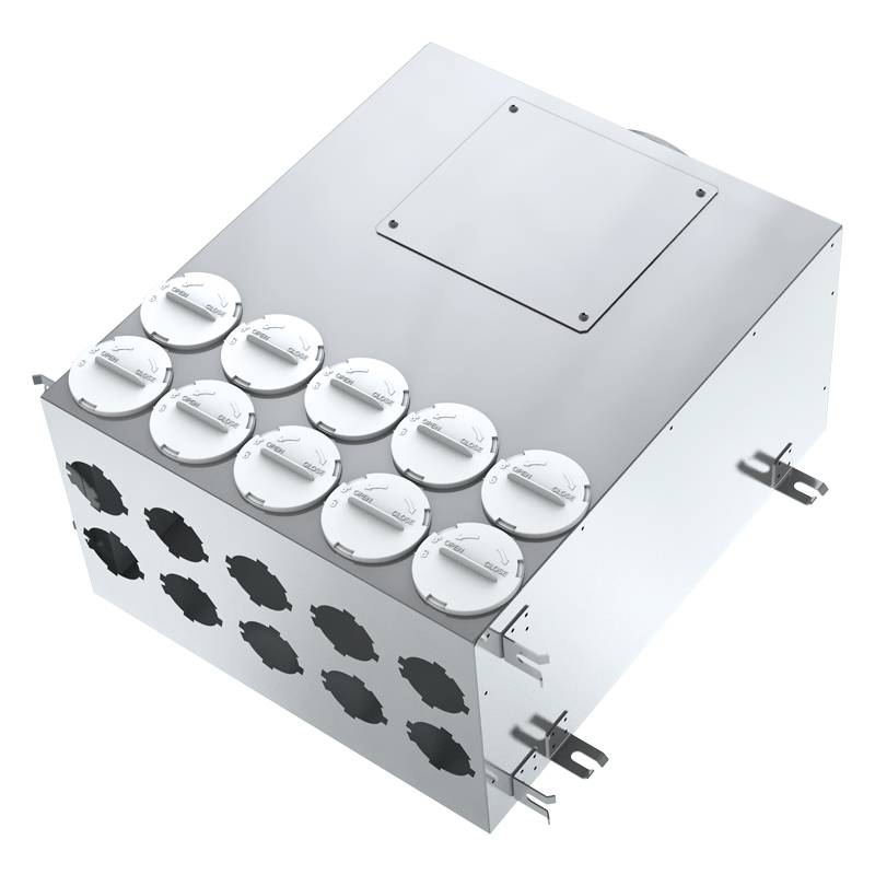 Metallisches rechteckiges elektrisches Gehäuse mit mehreren runden Kabelsteckern auf der Vorderseite und seitlichen Montagebügeln, gezeigt in einer produktstilisierten Darstellung.
