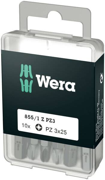 Verpackung von 'Wera' für 10 Schraubenziehereinsätze, Modell 855/1 PZ PZ3, Größe 3x25mm.